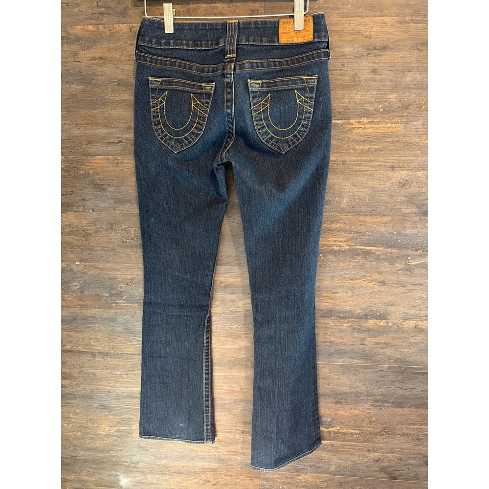 True Religion Joey Flare Jeans Dark Wash Yellow Stitching Size 26 Made in USA